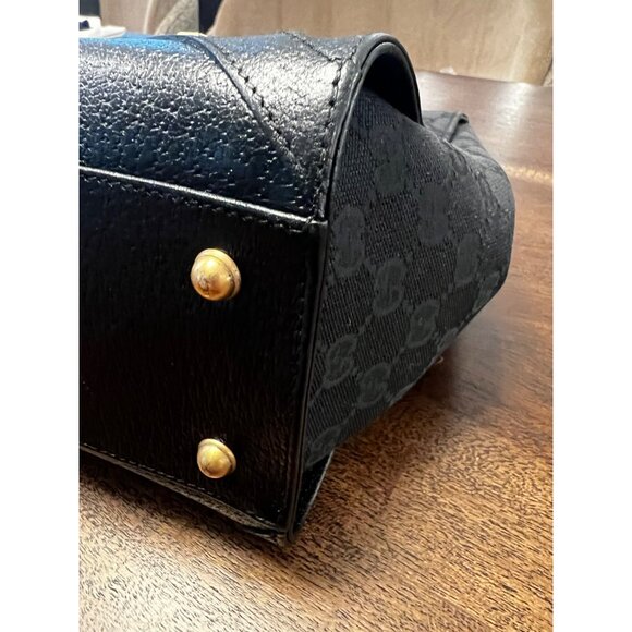 Gucci Black GG Canvas & Leather Tote Bag Gold-Tone Hardware Authentic Made In It - Picture 6 of 9